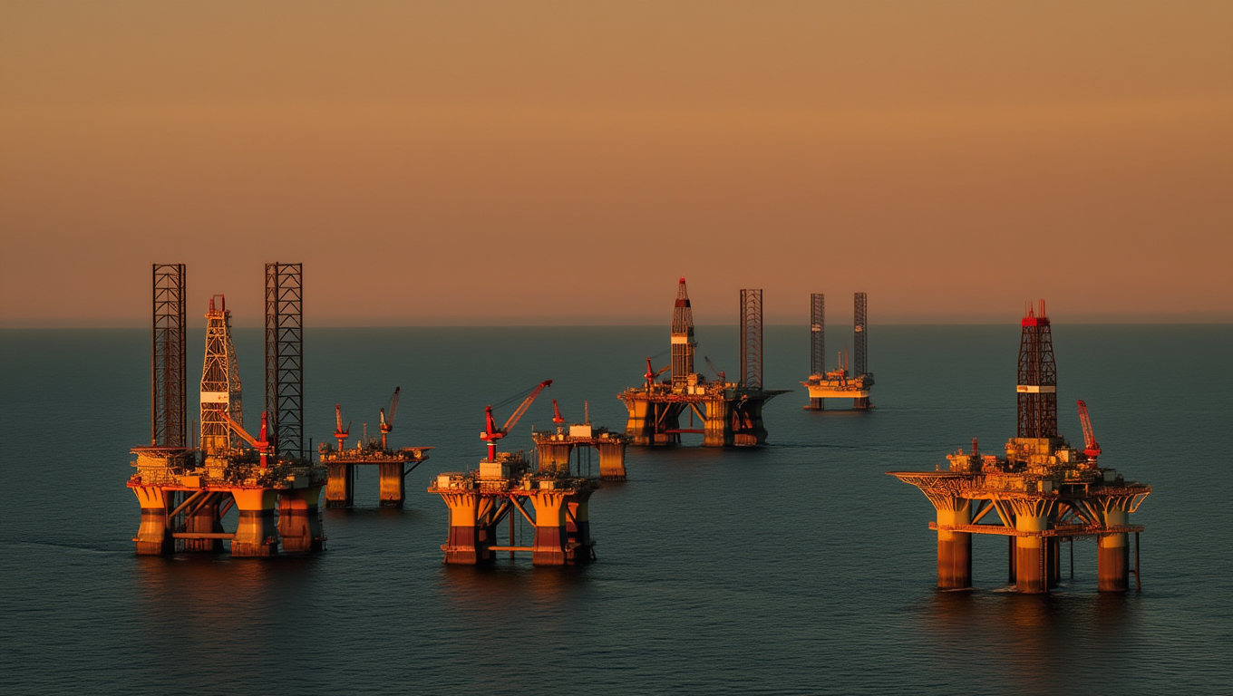 Offshore oil rig at dusk