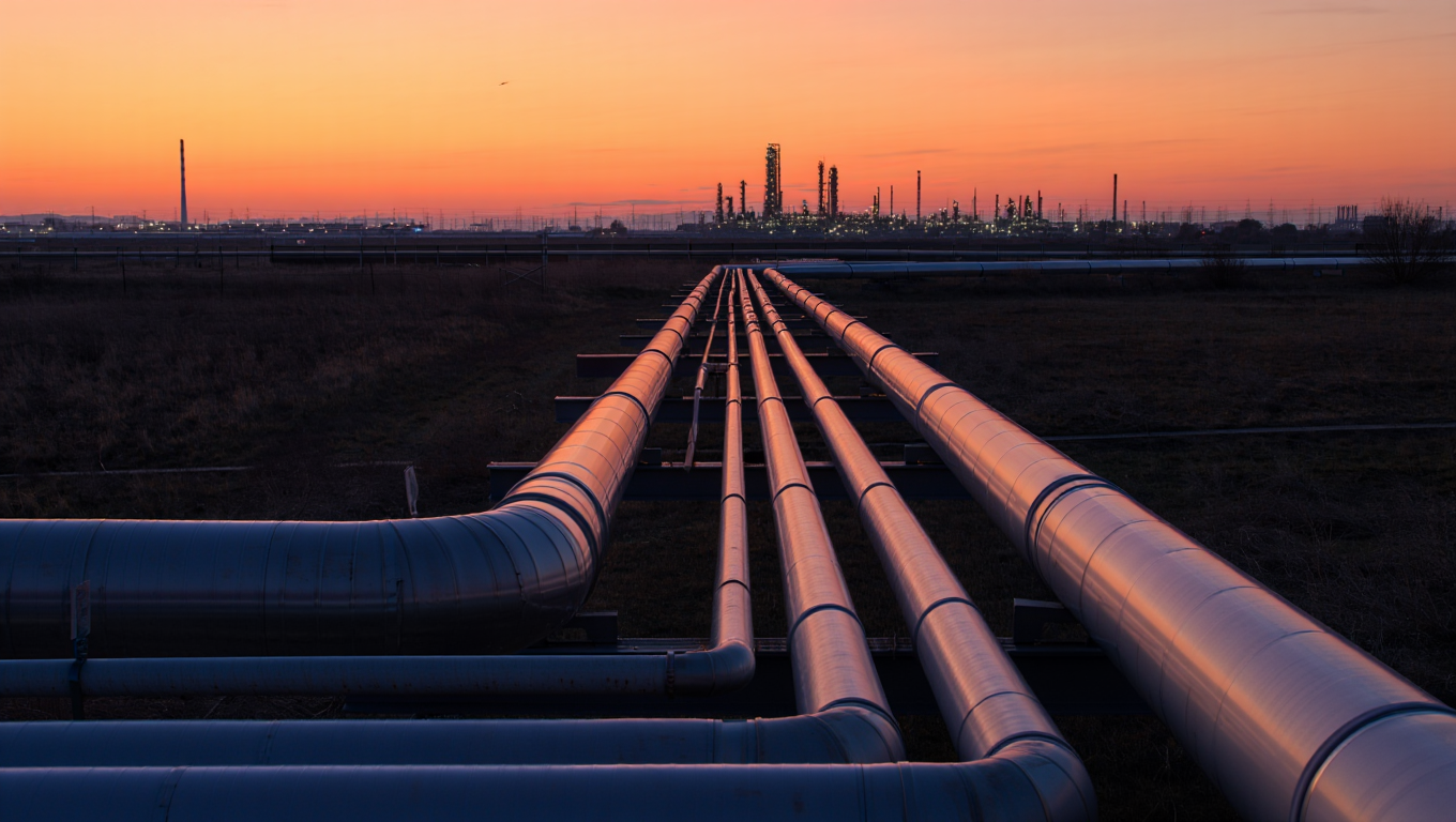 Industrial pipeline infrastructure at dusk